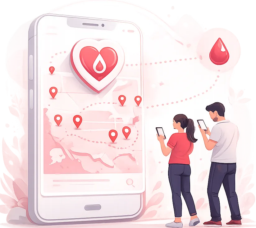 Illustration of donors and recipients connecting through GeoBlood on a map