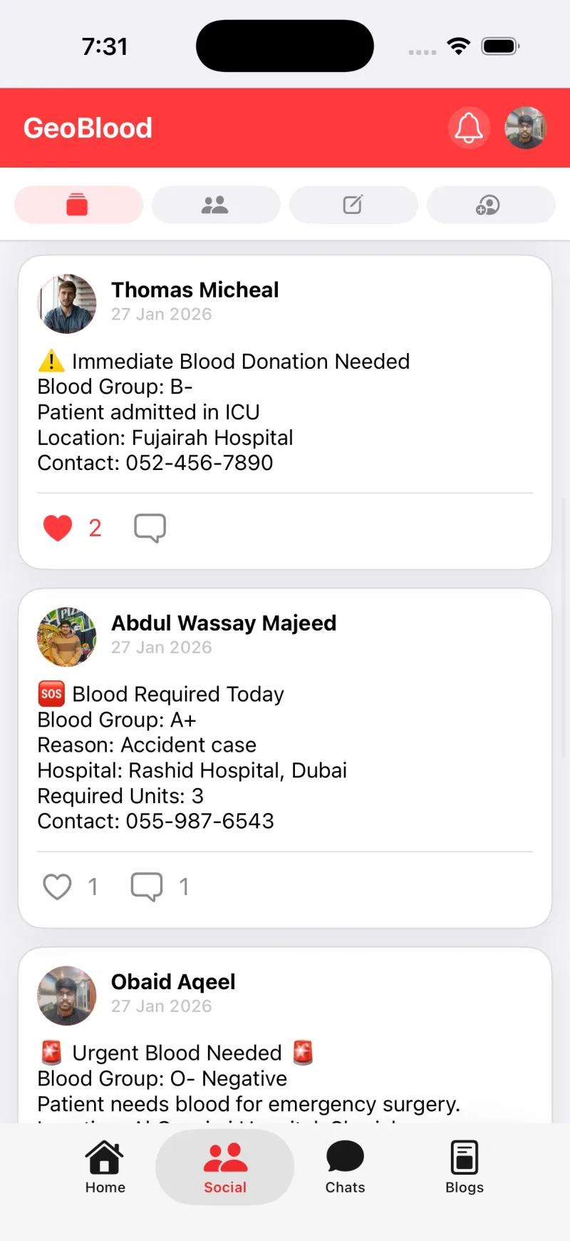 GeoBlood Social Feed